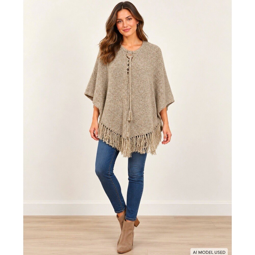 Joie Women’s Beige Solid Knit Cape Poncho Sweater V-Neck Fringe Hem XS